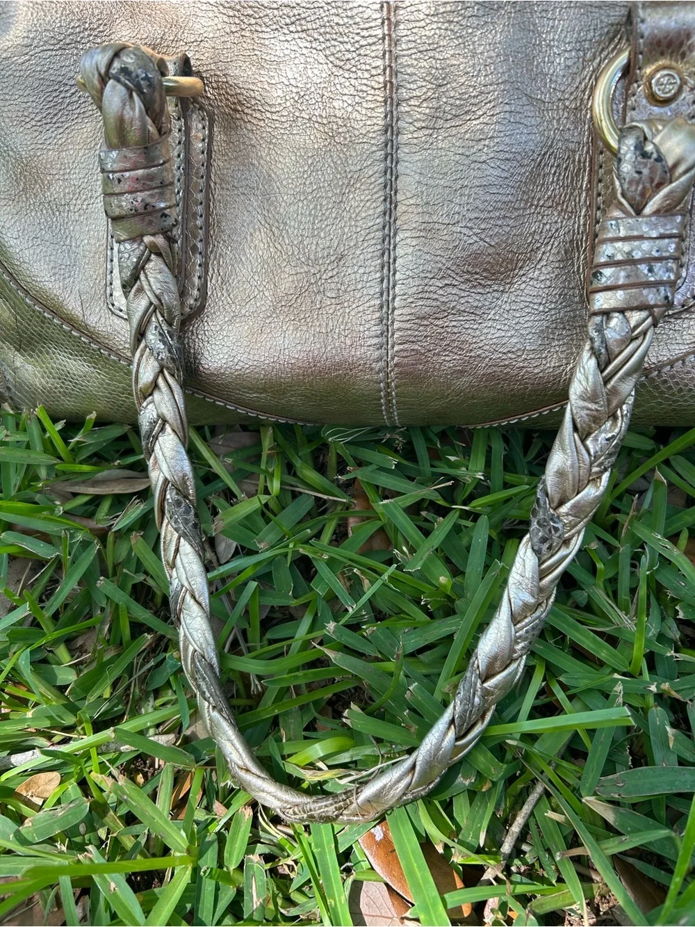 Francesco Biasia Metallic Gold Braided-Handle Large Satchel 100% Leather
